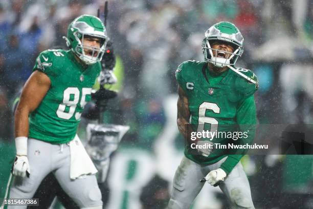 DeVonta Smith of the Philadelphia Eagles reacts after a touchdown catch during the fourth quarter against the Buffalo Bills at Lincoln Financial...