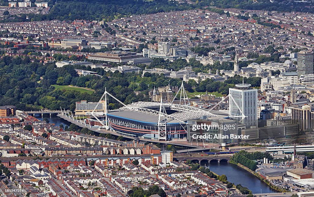 Aerial view of Cardiff City center