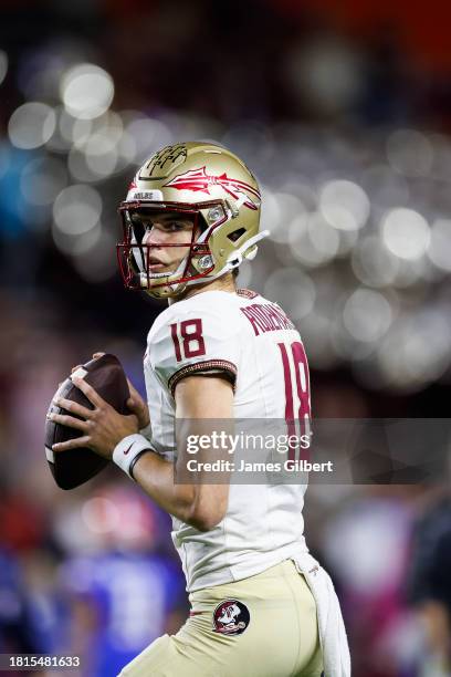 Tate Rodemaker of the Florida State Seminoles warms up before the start of a game against the Florida Gators at Ben Hill Griffin Stadium on November...