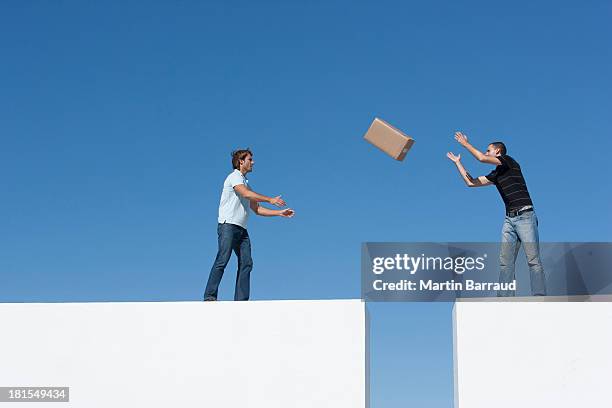 man tossing cardboard box to man across gap outdoors with blue sky - skybox stockfoto's en -beelden