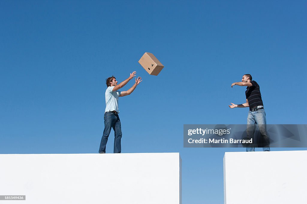 Man tossing cardboard box to man across gap outdoors with blue sky
