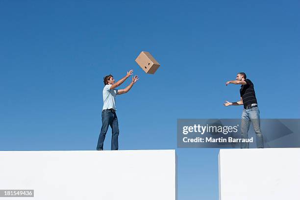 man tossing cardboard box to man across gap outdoors with blue sky - flip over stock pictures, royalty-free photos & images