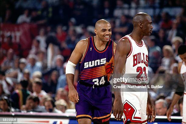 Charles Barkley of the Phoenix Suns and Michael Jordan of the Chicago Bulls during Game Three of the 1993 NBA Championsip Finals at Chicago Stadium...