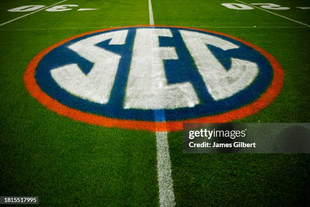 General view of the SEC Conference logo at Ben Hill Griffin Stadium before the start of a game between the Florida Gators and the Florida State...