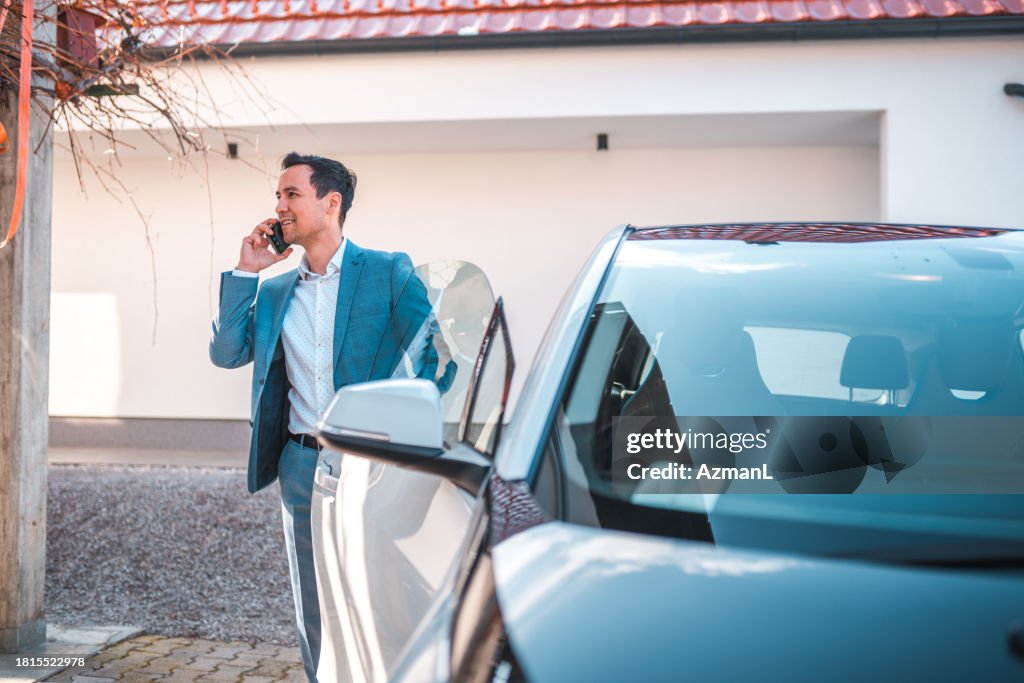 Busy Japanese Manager on His Way to Work