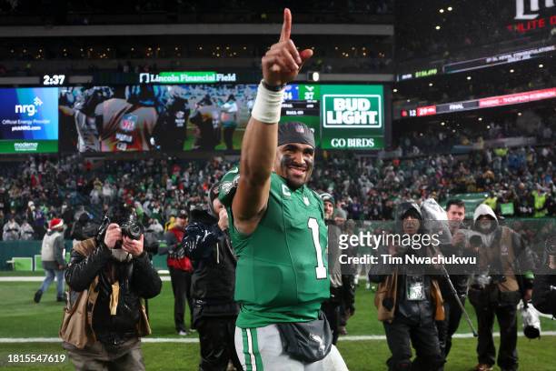Jalen Hurts of the Philadelphia Eagles celebrates after his team's 37-34 overtime win against the Buffalo Bills at Lincoln Financial Field on...