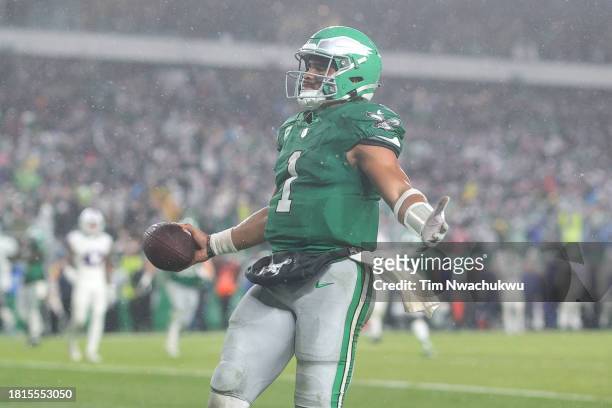 Jalen Hurts of the Philadelphia Eagles reacts after scoring the game winning touchdown in overtime against the Buffalo Bills at Lincoln Financial...
