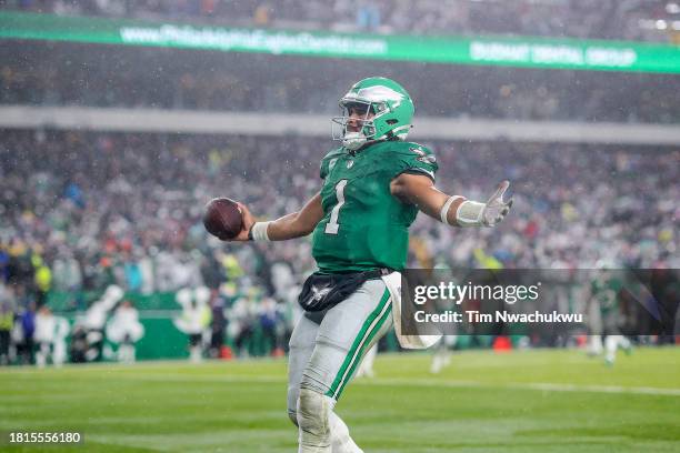 Jalen Hurts of the Philadelphia Eagles reacts after scoring the game winning touchdown in overtime against the Buffalo Bills at Lincoln Financial...