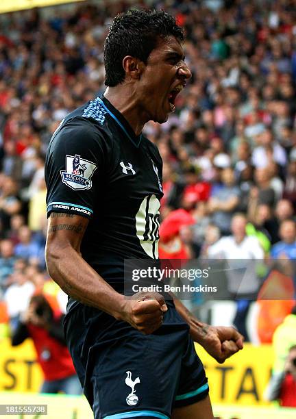 Paulinho of Tottenham celebrates after scoring the winning goal during the Barclays Premier League match between Cardiff City and Tottenham Hotspur...