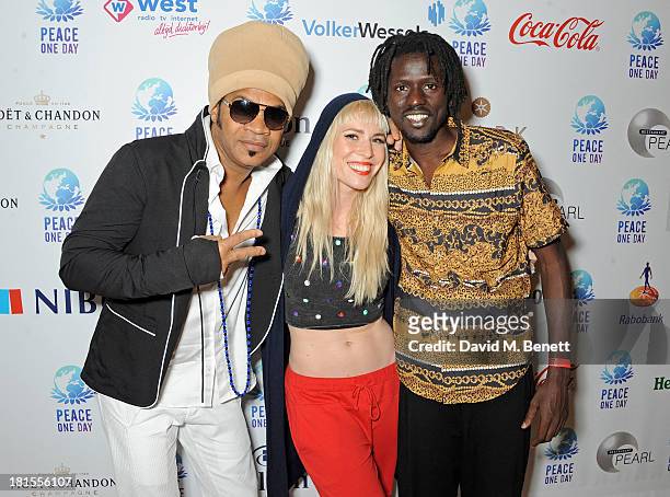 Carlinhos Brown, Natasha Bedingfield and Emmanuel Jal celebrate 'Peace One Day' at the Peace One Day concert after party held at the Hilton on...