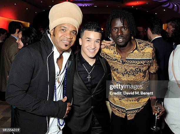 Carlinhos Brown, Jahmene Douglas and Emmanuel Jal celebrate 'Peace One Day' at the Peace One Day concert after party held at the Hilton on September...