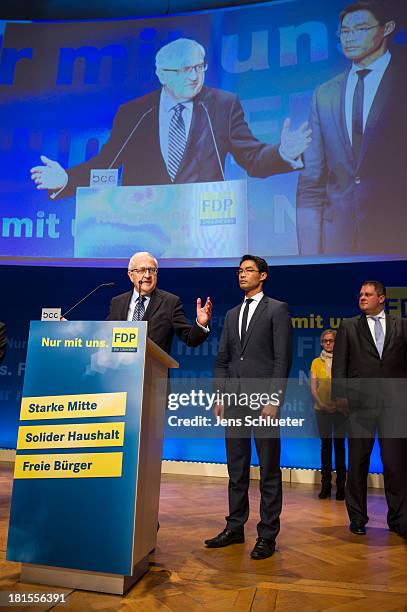 German Free Democrats lead candidate Rainer Bruederle speaks to the supporters of the German Free Democrats at FDP party headquarters after the...