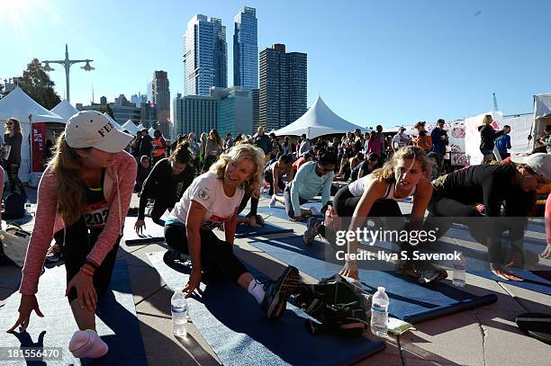 Lauren Bush, Sharon Bush and Ashley Bush attend Women's Health Magazine RUN10 FEED10 NYC 10K Race Event at Pier 84 on September 22, 2013 in New York...