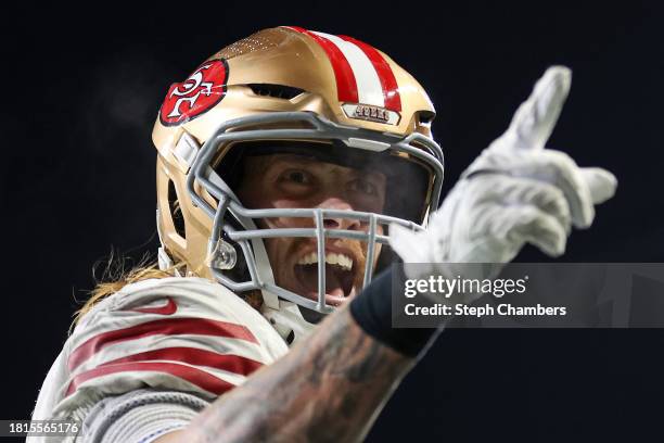 George Kittle of the San Francisco 49ers looks on during the fourth quarter against the Seattle Seahawks at Lumen Field on November 23, 2023 in...
