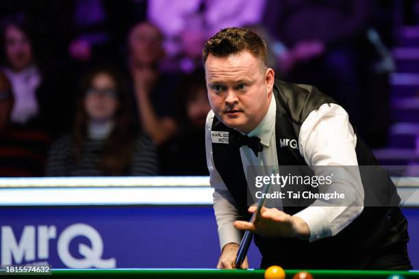 Shaun Murphy of England reacts in the first round match against Hossein Vafaei of Iran on day 2 of the 2023 MrQ UK Championship at York Barbican on...