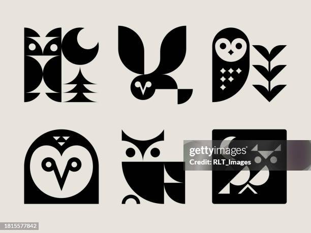 mid-century modern owl icons - geometric animals stock illustrations