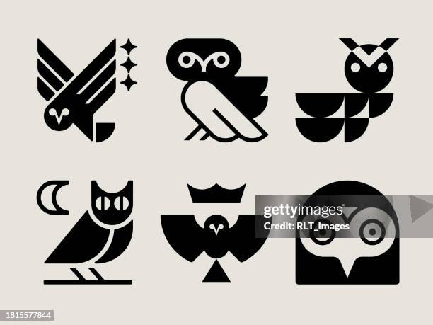 illustrazioni stock, clip art, cartoni animati e icone di tendenza di icone del gufo moderno della metà del secolo - owl