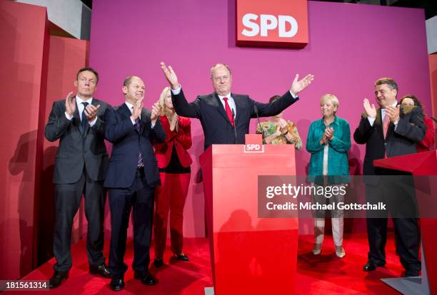Social Democrats chancellor candidate Peer Steinbrueck and Sigmar Gabriel , SPD Federal Chairman, Thomas Oppermann, chairman of the parliamentary...