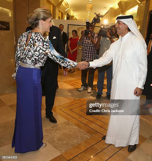 Sophie, Countess of Wessex meets a guest as she arrives for a Charity Gala Dinner at Katara Hall on day 1 of her visit to Qatar with the Charity...