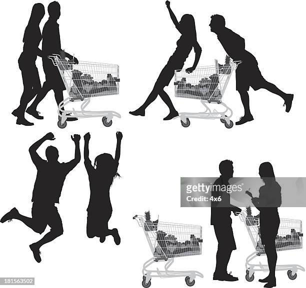 couple with shopping cart - two woman running stock illustrations