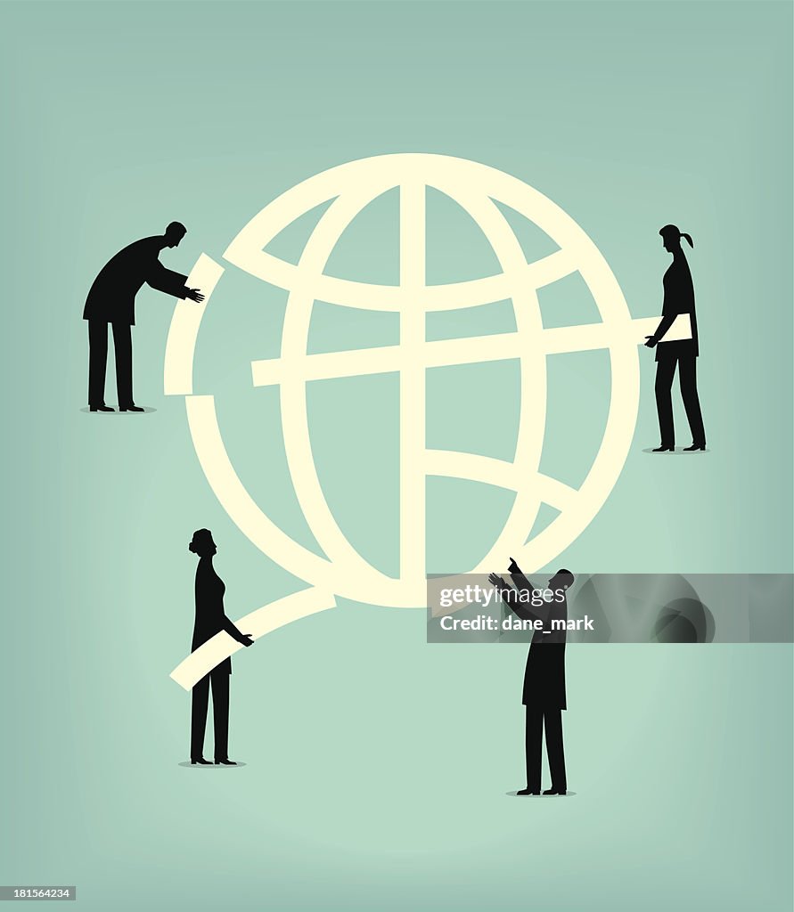 An illustration of people building a globe