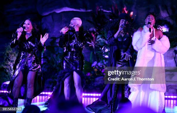 In this image released on November 26, Lelee, Coko, Taj of SWV and Coco Jones perform onstage at Soul Train Awards 2023 on November 19, 2023 in...