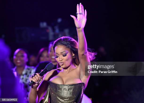 In this image released on November 26, Keke Palmer speaks onstage at Soul Train Awards 2023 on November 19, 2023 in Beverly Hills, California.