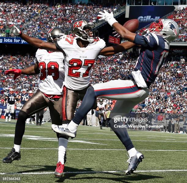 Johnthan Banks of the Tampa Bay Buccaneers is called for pass interference on Aaron Dobson of the New England Patriots during the first half at...