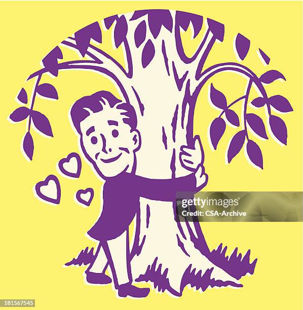 tree hugger man in love - tree hugging stock illustrations