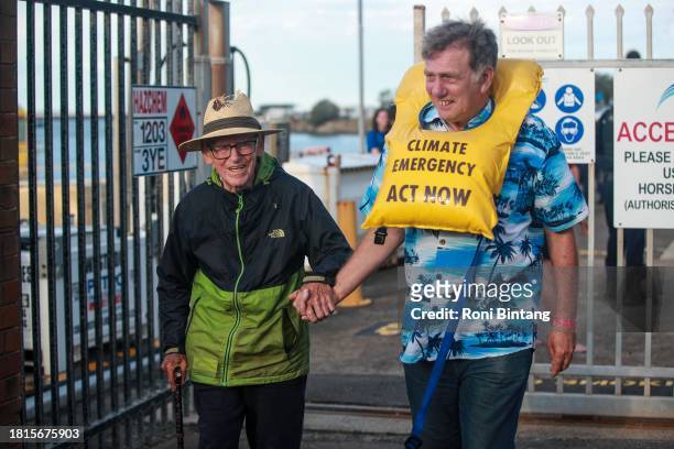 Year old Reverend Alan Stuart walks out the Port Authority of NSW after being arrested by police among the other protestors as they continue to...