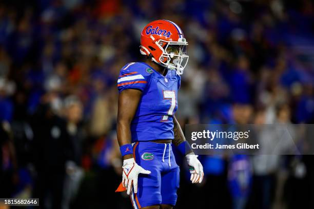 Trevor Etienne of the Florida Gators looks on during the first half of a game against the Florida State Seminoles at Ben Hill Griffin Stadium on...