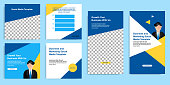 Social media carousel post and stories fat design banner layout in blue, yellow background. For tips podcast, motivation, self-development, microblog, sharing knowledge template