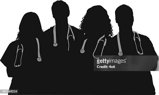 ilustrações, clipart, desenhos animados e ícones de equipe de médicos em pé com os braços cruzados - quatro pessoas