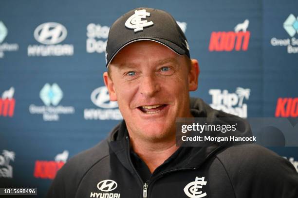 Blues head coach, Michael Voss speaks to media during a Carlton Blues AFL training session at Ikon Park on November 27, 2023 in Melbourne, Australia.