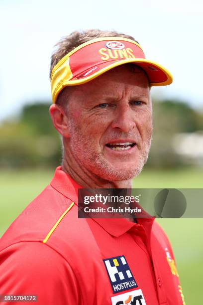 Head Coach Damien Hardwick speaks to the media during a Gold Coast Suns AFL training session at Heritage Bank Stadium on November 27, 2023 in Gold...