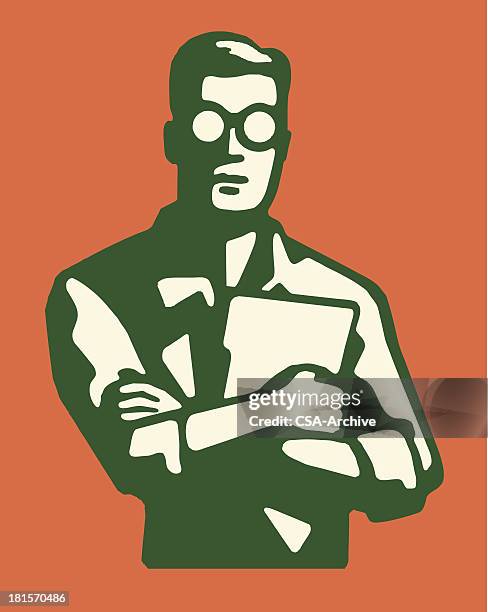man in eyeglasses with crossed arms holding a document - portrait orange background stock illustrations