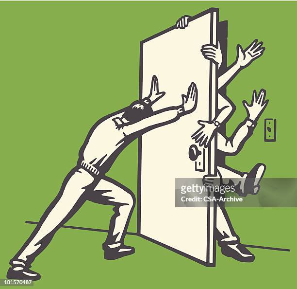 man pushing door shut with people struggling to get out - door 幅插畫檔、美工圖案、卡通及圖標
