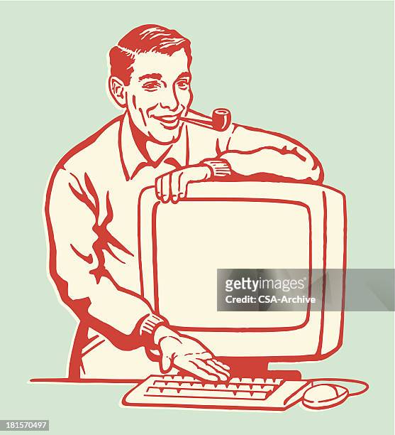 stockillustraties, clipart, cartoons en iconen met man showing personal computer - computer