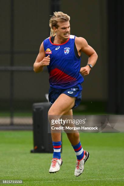 Bailey Smith of the Bulldogs wins the 2km time trial during a Western Bulldogs AFL training session at Whitten Oval on November 27, 2023 in...
