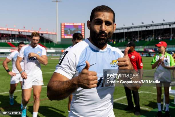 Gastón Revol of Argentina gestures during day 1 of HSBC Dubai Sevens at Sevens Stadium on December 2, 2023 in Dubai, United Arab Emirates.