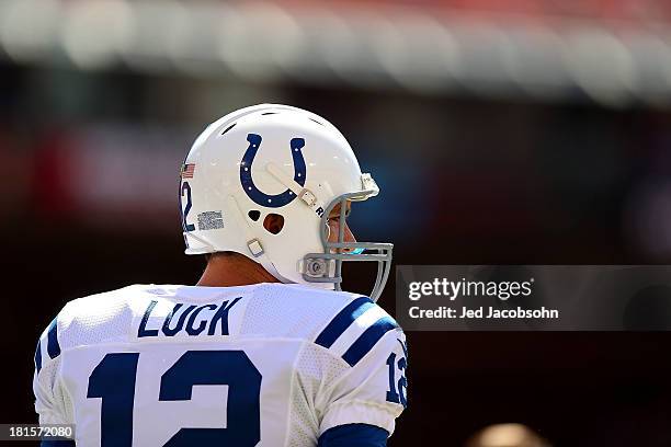Andrew Luck of the Indianapolis Colts looks on during warm-ups against the San Francisco 49ers at Candlestick Park on September 22, 2013 in San...