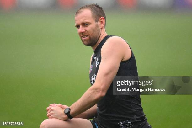 Sam Docherty of the Blues warms up during a Carlton Blues AFL training session at Ikon Park on November 27, 2023 in Melbourne, Australia.