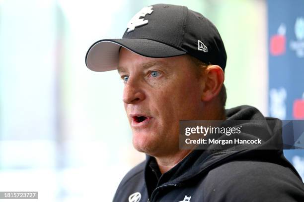 Blues head coach, Michael Voss speaks to media during a Carlton Blues AFL training session at Ikon Park on November 27, 2023 in Melbourne, Australia.