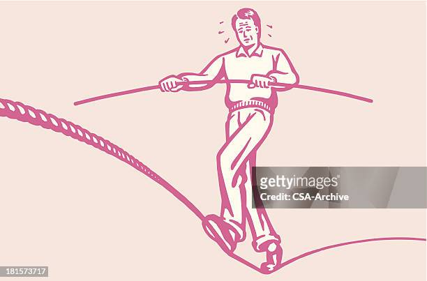 man struggling to walk tightrope - tightrope walker stock illustrations