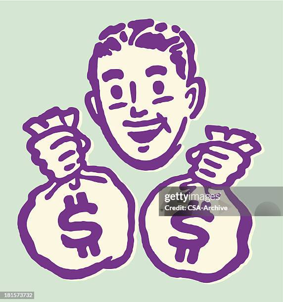 ilustraciones, imágenes clip art, dibujos animados e iconos de stock de hombre transporte de dos bolsas de dinero - bolsa de dinero