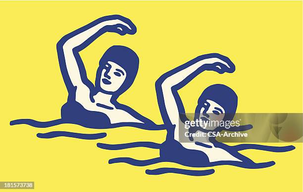 bildbanksillustrationer, clip art samt tecknat material och ikoner med female synchronized swimmers - women swimming pool retro