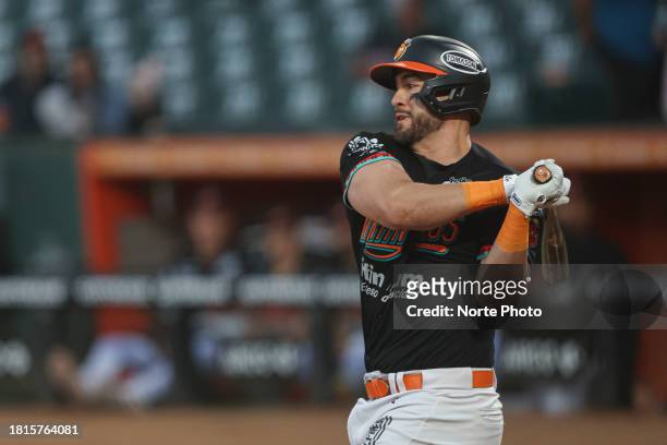 Agustin Murillo of Naranjeros in his turn at bat in the first inning, during a game between Naranjeros de Hermosillo and Aguilas de Mexicali as part...