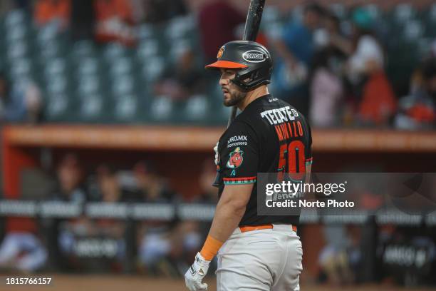 Agustin Murillo of Naranjeros in his turn at bat in the first inning, during a game between Naranjeros de Hermosillo and Aguilas de Mexicali as part...