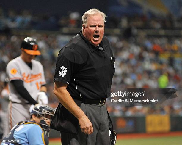 Home plate umpire Tim Welke yells at manager Joe Maddon of the Tampa Bay Rays during play against the Baltimore Orioles September 22, 2013 at...