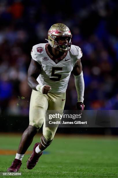 Jared Verse of the Florida State Seminoles rushes the passer during the second half of a game against the Florida Gators at Ben Hill Griffin Stadium...